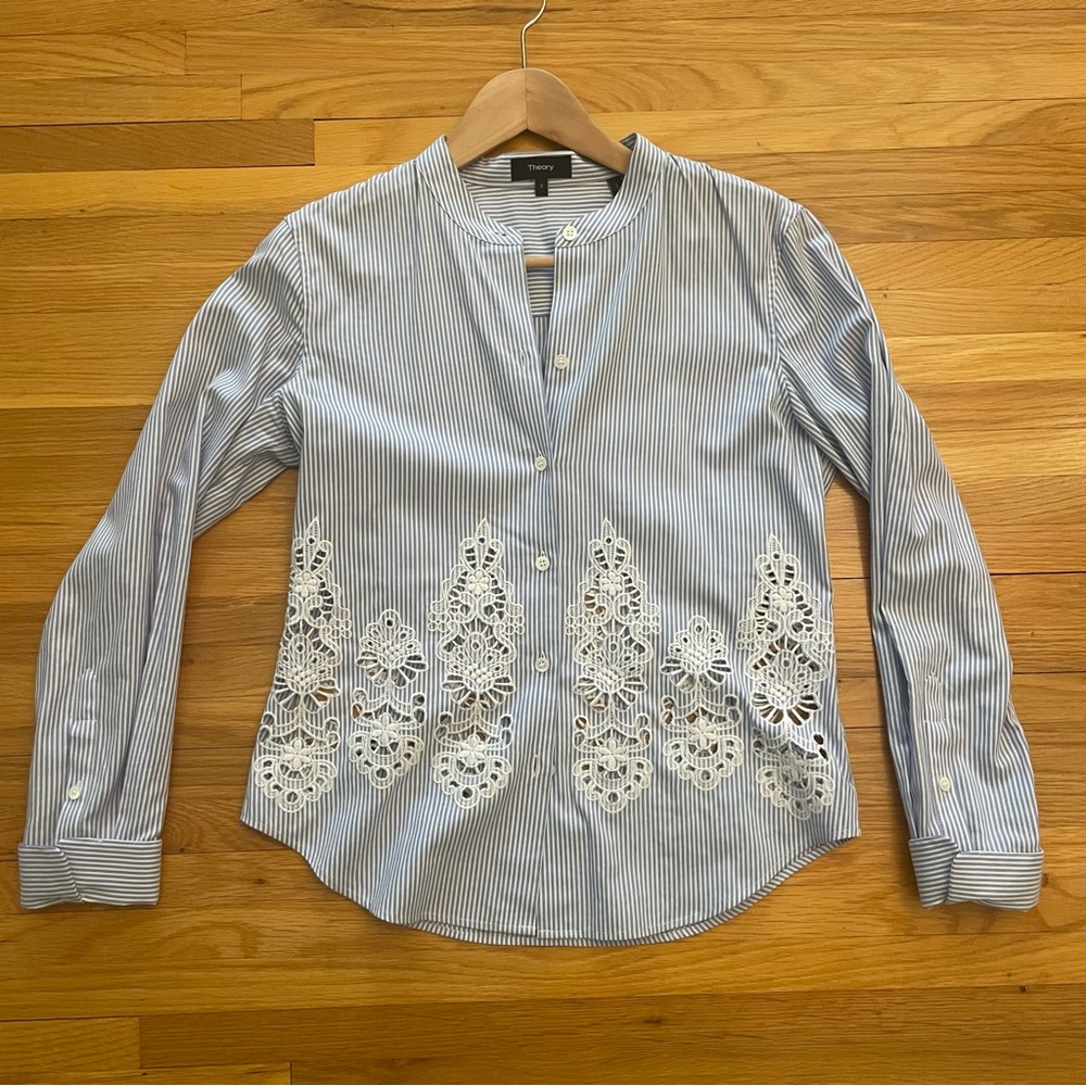 Theory Blue Embellished Button Down Blouse